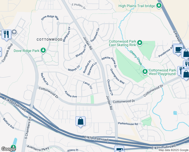 map of restaurants, bars, coffee shops, grocery stores, and more near 8793 Katherine Court in Parker