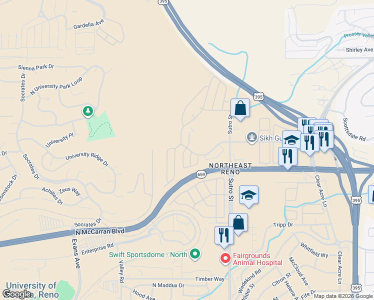 map of restaurants, bars, coffee shops, grocery stores, and more near 25 Selmi Drive in Reno