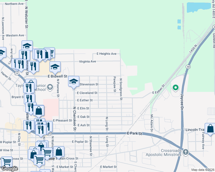map of restaurants, bars, coffee shops, grocery stores, and more near 815 East Stevenson Street in Taylorville