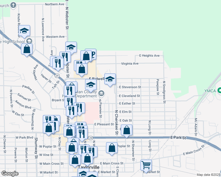 map of restaurants, bars, coffee shops, grocery stores, and more near 805 North Cherokee Street in Taylorville
