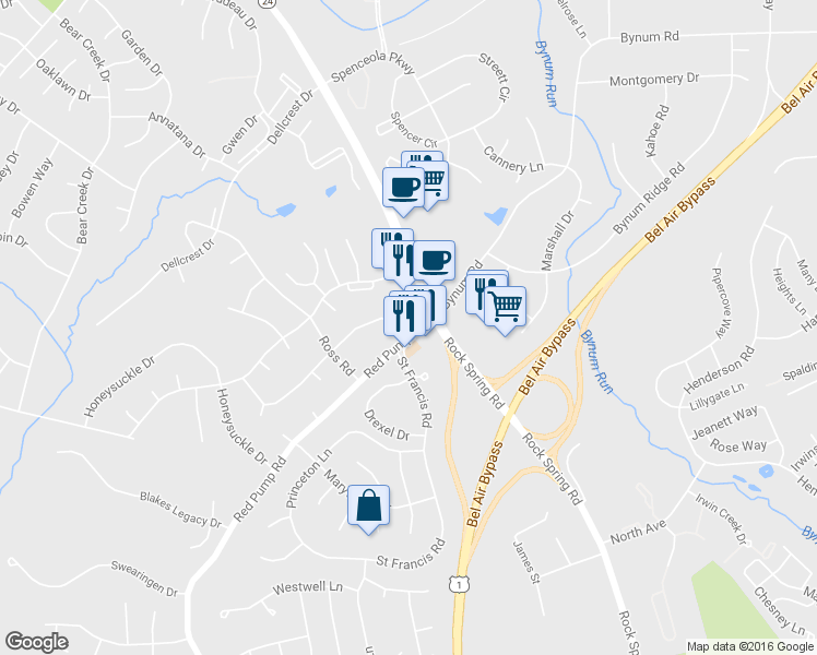 map of restaurants, bars, coffee shops, grocery stores, and more near 14 Red Pump Road in Bel Air