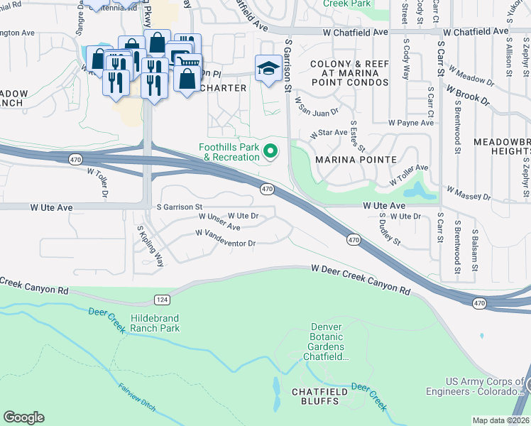 map of restaurants, bars, coffee shops, grocery stores, and more near 9349 West Ute Drive in Littleton