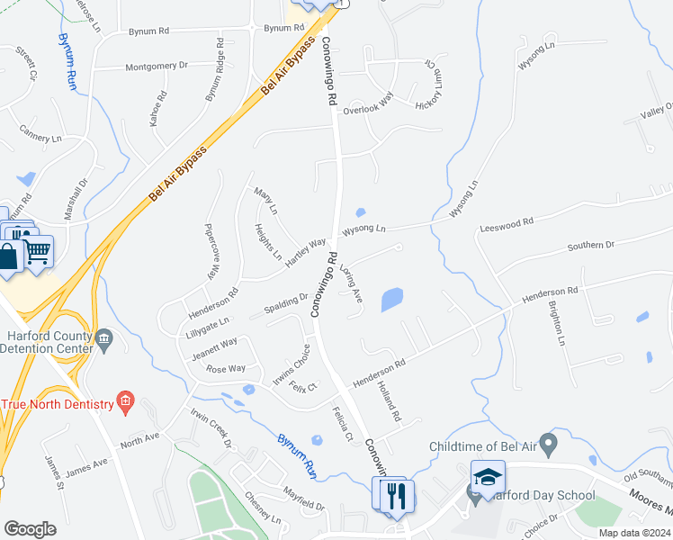 map of restaurants, bars, coffee shops, grocery stores, and more near 601 Loring Avenue in Bel Air