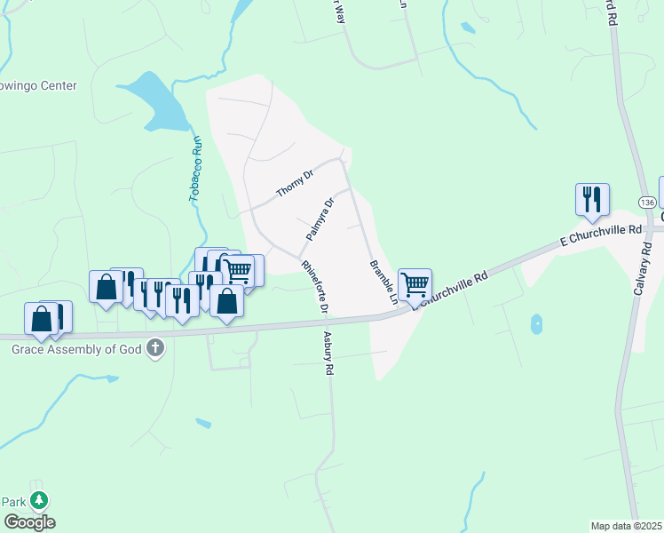 map of restaurants, bars, coffee shops, grocery stores, and more near 15 Rhineforte Drive in Churchville