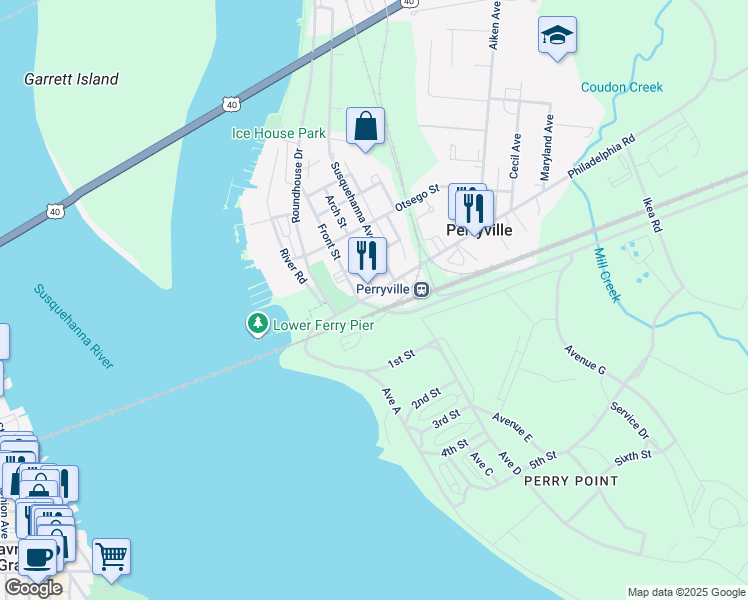 map of restaurants, bars, coffee shops, grocery stores, and more near 322 Broad Street in Perryville