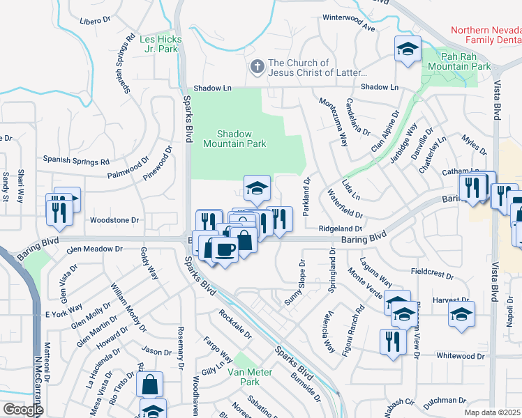 map of restaurants, bars, coffee shops, grocery stores, and more near 1350 Baring Boulevard in Sparks