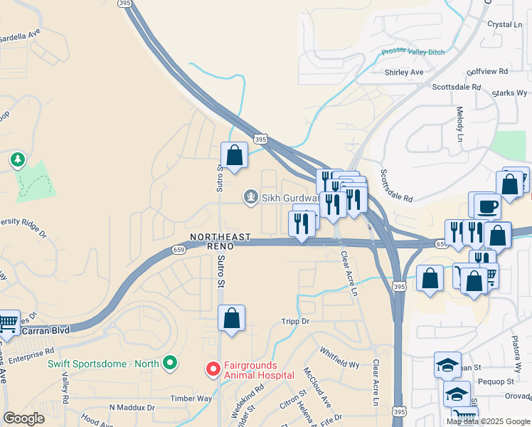 map of restaurants, bars, coffee shops, grocery stores, and more near 1401 Selmi Drive in Reno