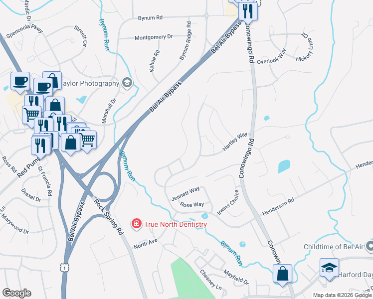 map of restaurants, bars, coffee shops, grocery stores, and more near 1040 Pipercove Way in Bel Air