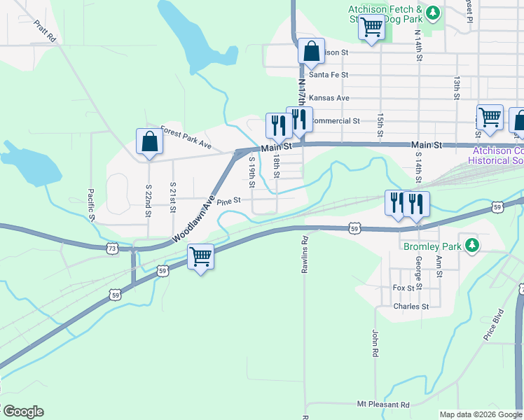 map of restaurants, bars, coffee shops, grocery stores, and more near 1764-1806 Pine Street in Atchison