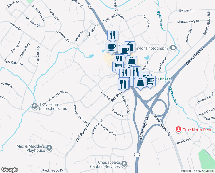 map of restaurants, bars, coffee shops, grocery stores, and more near 110 Meadow Road in Bel Air