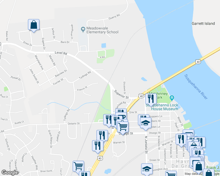 map of restaurants, bars, coffee shops, grocery stores, and more near 880 Ohio Street in Havre de Grace