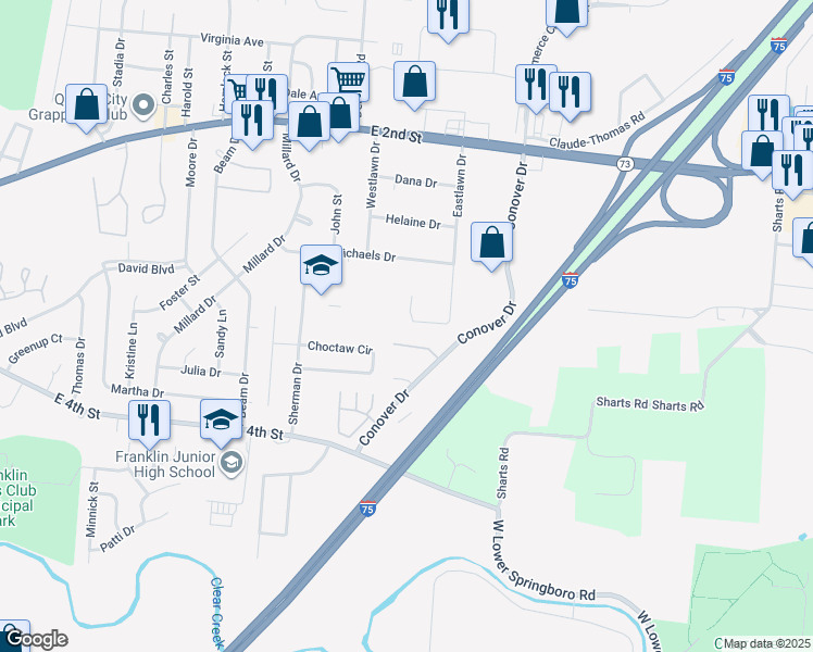 map of restaurants, bars, coffee shops, grocery stores, and more near 1234 Shawn Drive in Franklin