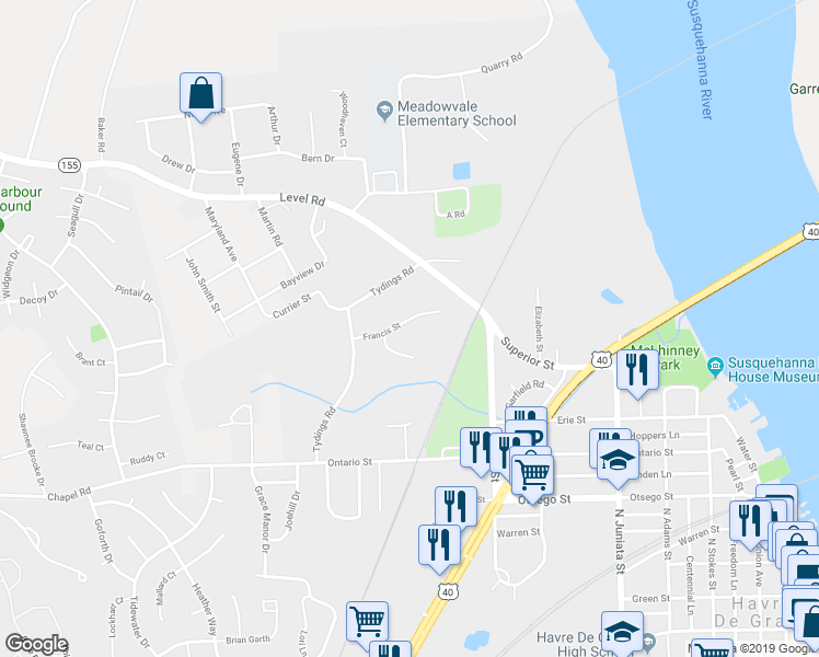 map of restaurants, bars, coffee shops, grocery stores, and more near 112 Francis Street in Havre de Grace