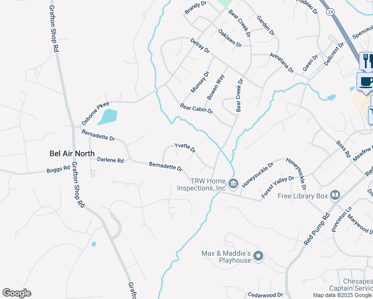 map of restaurants, bars, coffee shops, grocery stores, and more near 825 Yvette Drive in Forest Hill