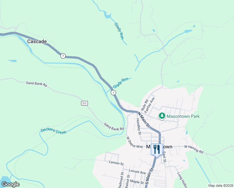 map of restaurants, bars, coffee shops, grocery stores, and more near 8477 Veterans Memorial Highway in Masontown