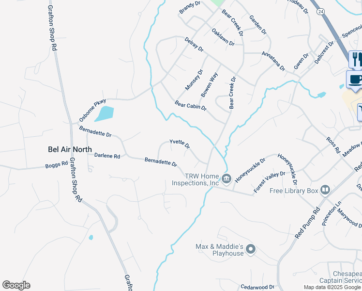 map of restaurants, bars, coffee shops, grocery stores, and more near 825 Yvette Drive in Forest Hill