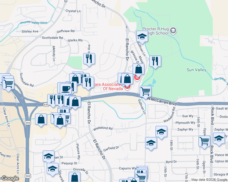 map of restaurants, bars, coffee shops, grocery stores, and more near 3105 Sterling Ridge Circle in Sparks