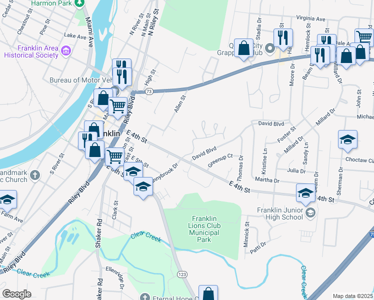 map of restaurants, bars, coffee shops, grocery stores, and more near 327 East 4th Street in Franklin