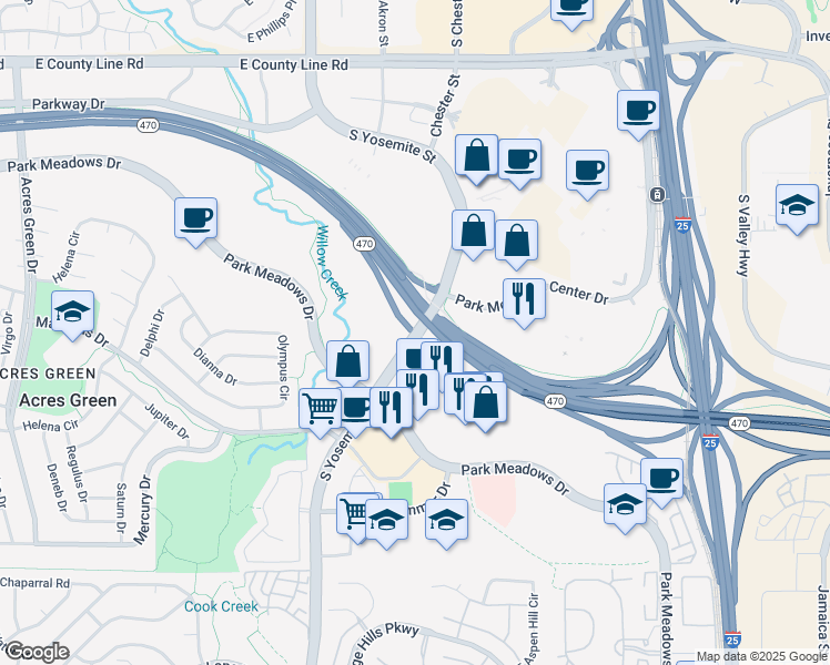 map of restaurants, bars, coffee shops, grocery stores, and more near 8663 South Yosemite Street in Lone Tree