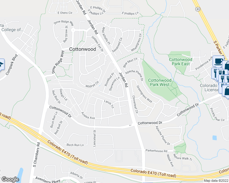 map of restaurants, bars, coffee shops, grocery stores, and more near 8775 Katherine Court in Parker