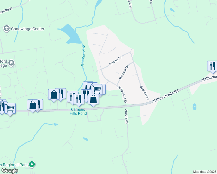 map of restaurants, bars, coffee shops, grocery stores, and more near 2505 Benton Court in Churchville