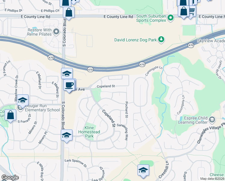 map of restaurants, bars, coffee shops, grocery stores, and more near 4691 Whimbrel Drive in Littleton