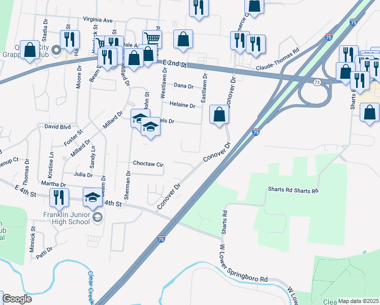 map of restaurants, bars, coffee shops, grocery stores, and more near 1244 Shawn Drive in Franklin