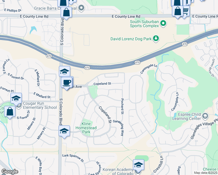map of restaurants, bars, coffee shops, grocery stores, and more near 4691 Whimbrel Drive in Littleton