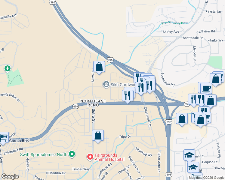 map of restaurants, bars, coffee shops, grocery stores, and more near 1401 Selmi Drive in Reno