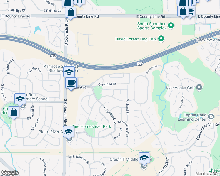 map of restaurants, bars, coffee shops, grocery stores, and more near 4661 Whimbrel Drive in Littleton