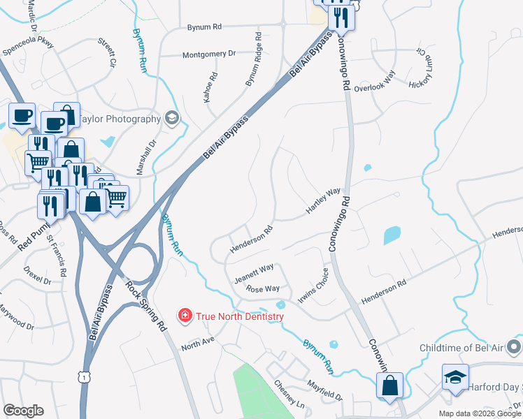 map of restaurants, bars, coffee shops, grocery stores, and more near 1040 Pipercove Way in Bel Air