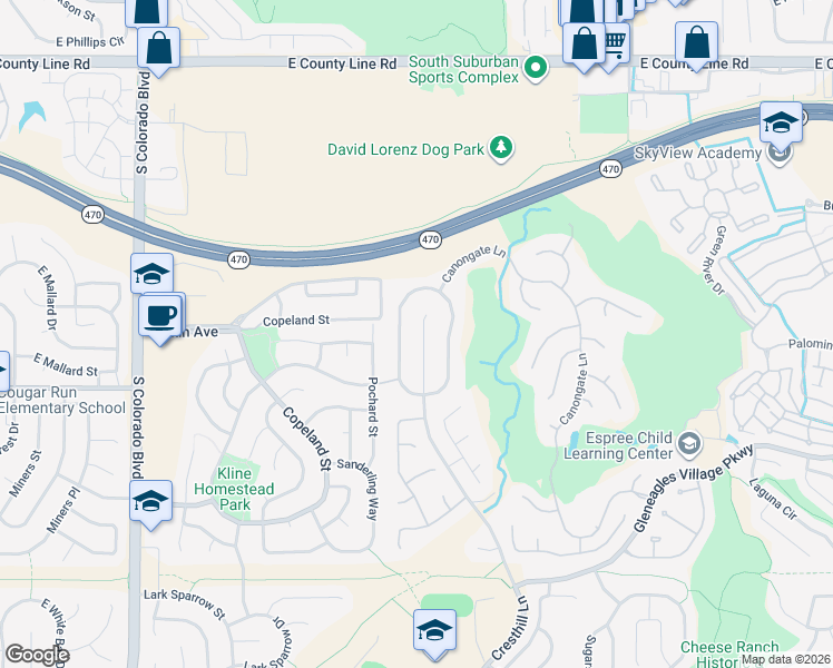 map of restaurants, bars, coffee shops, grocery stores, and more near 8695 Cresthill Lane in Littleton