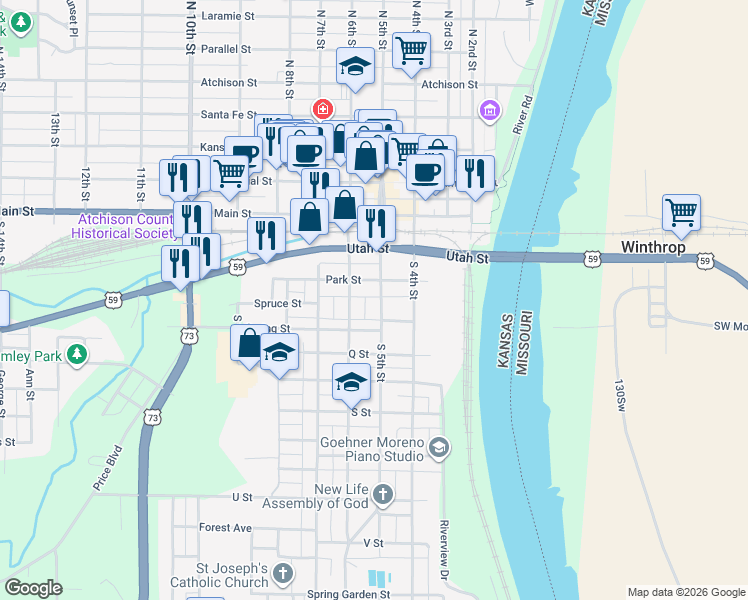 map of restaurants, bars, coffee shops, grocery stores, and more near 415 South 5th Street in Atchison