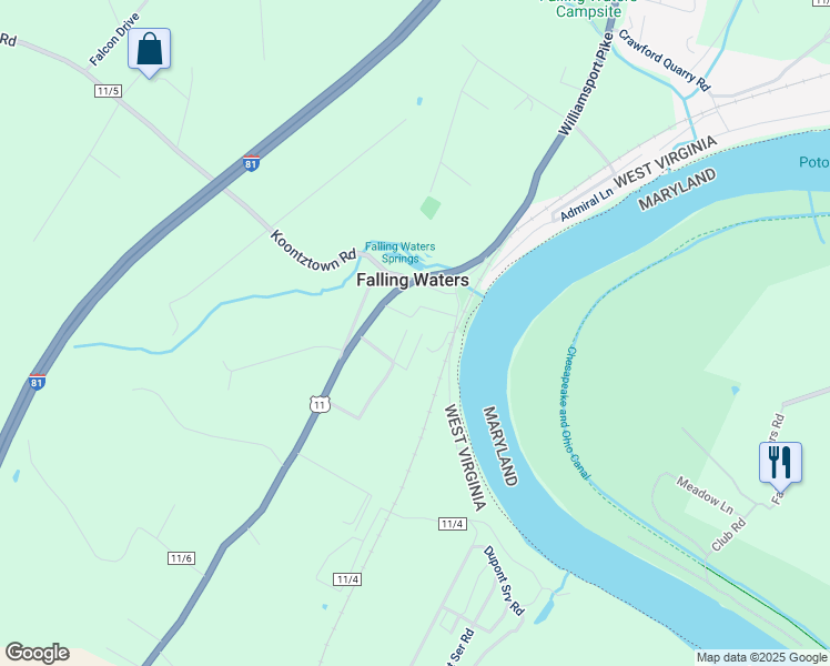 map of restaurants, bars, coffee shops, grocery stores, and more near 191 Vision Lane in Falling Waters