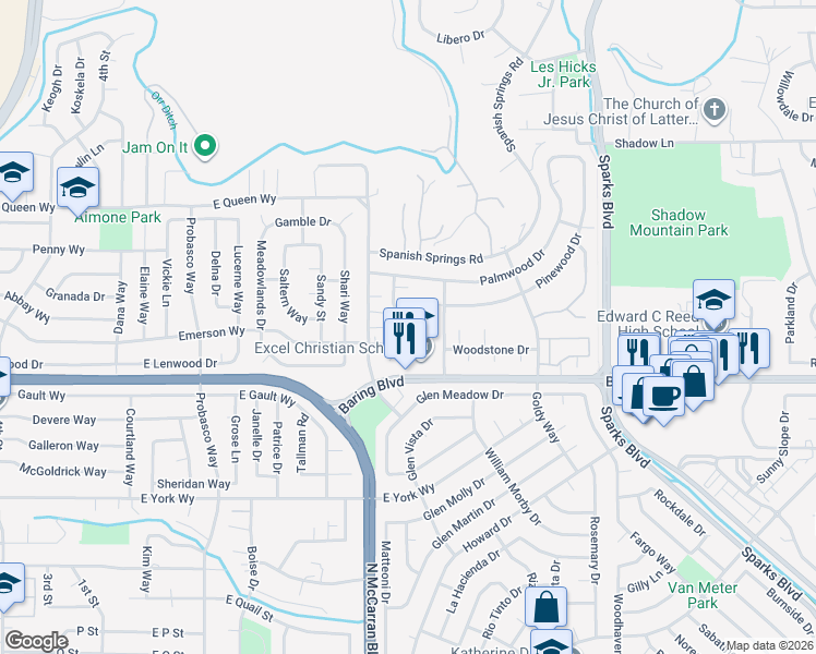 map of restaurants, bars, coffee shops, grocery stores, and more near 3123 Bristle Branch Drive in Sparks