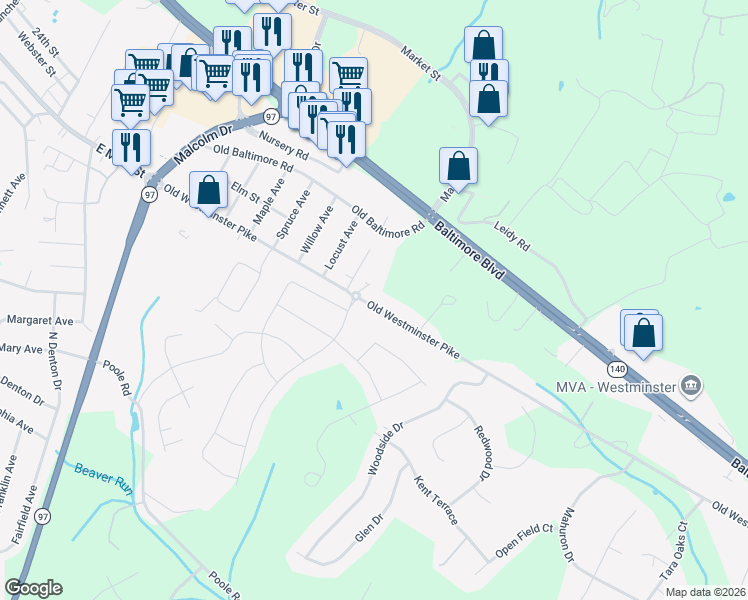 map of restaurants, bars, coffee shops, grocery stores, and more near 716 Old Westminster Pike in Westminster