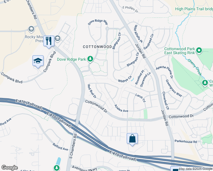map of restaurants, bars, coffee shops, grocery stores, and more near 16015 Azalea Avenue in Parker