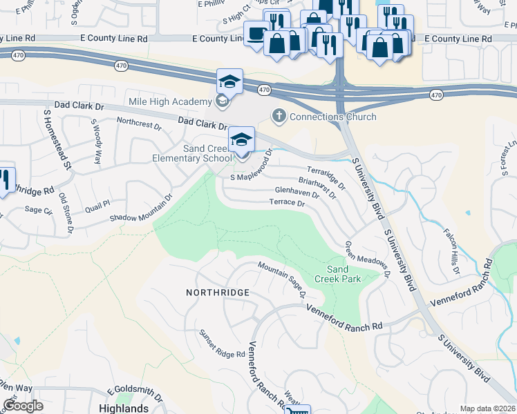 map of restaurants, bars, coffee shops, grocery stores, and more near 2114 Terrace Drive in Littleton