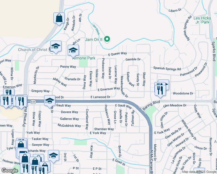 map of restaurants, bars, coffee shops, grocery stores, and more near 3120 Probasco Way in Sparks