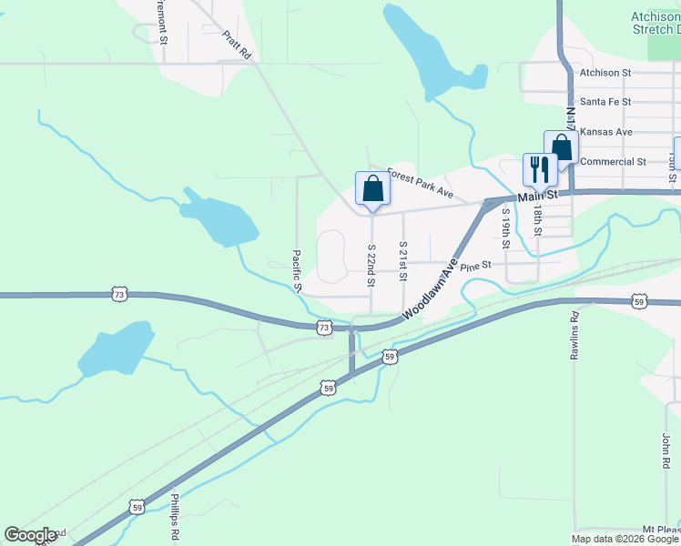 map of restaurants, bars, coffee shops, grocery stores, and more near 2202 Millwood Drive in Atchison
