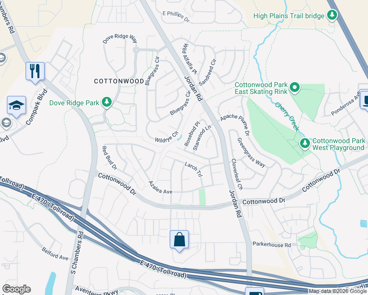 map of restaurants, bars, coffee shops, grocery stores, and more near 16397 Buckthorn Ln in Parker