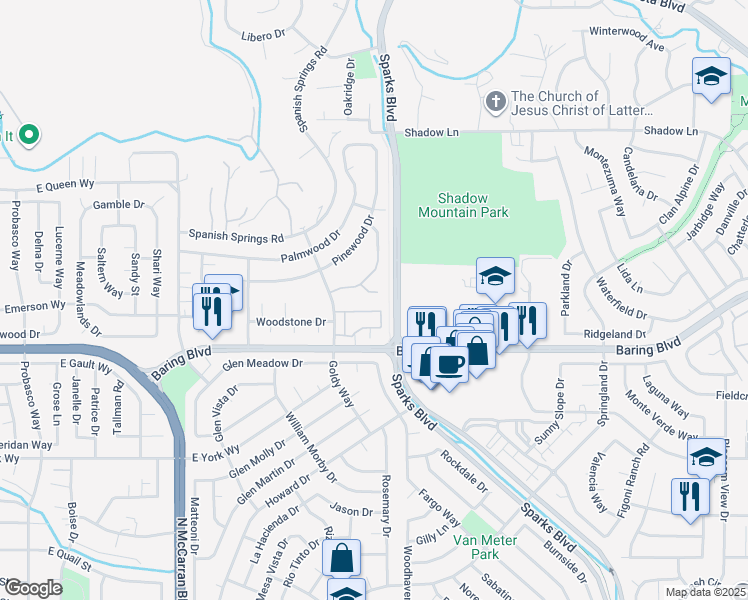 map of restaurants, bars, coffee shops, grocery stores, and more near 1029 Baywood Drive in Sparks