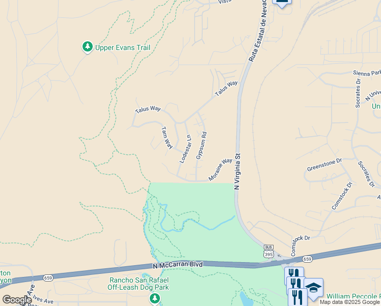 map of restaurants, bars, coffee shops, grocery stores, and more near 3400 Lodestar Lane in Reno