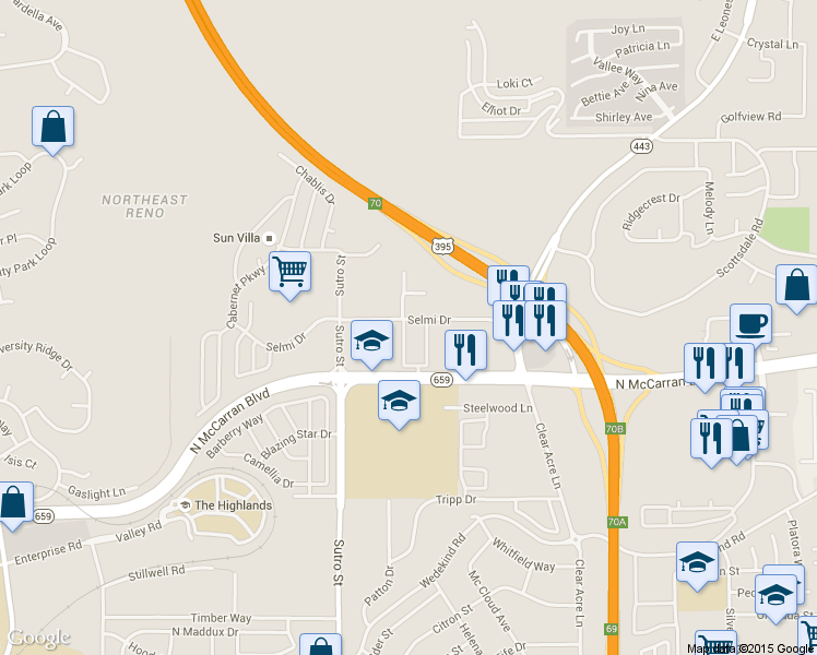 map of restaurants, bars, coffee shops, grocery stores, and more near 1401 Selmi Drive in Reno