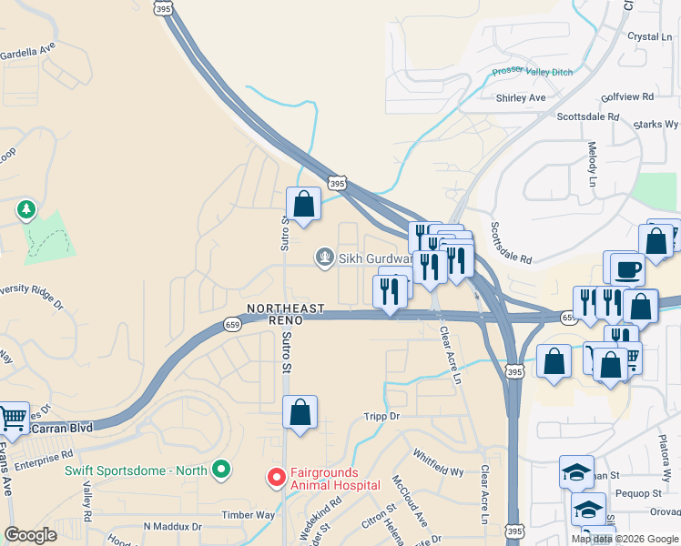 map of restaurants, bars, coffee shops, grocery stores, and more near 1401 Selmi Drive in Reno