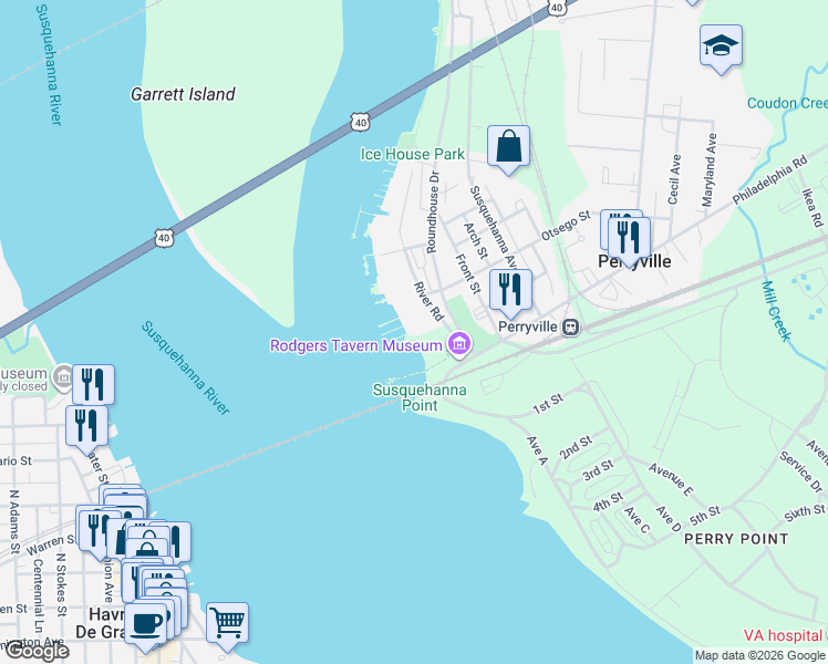 map of restaurants, bars, coffee shops, grocery stores, and more near 2 Owens Landing Court in Perryville