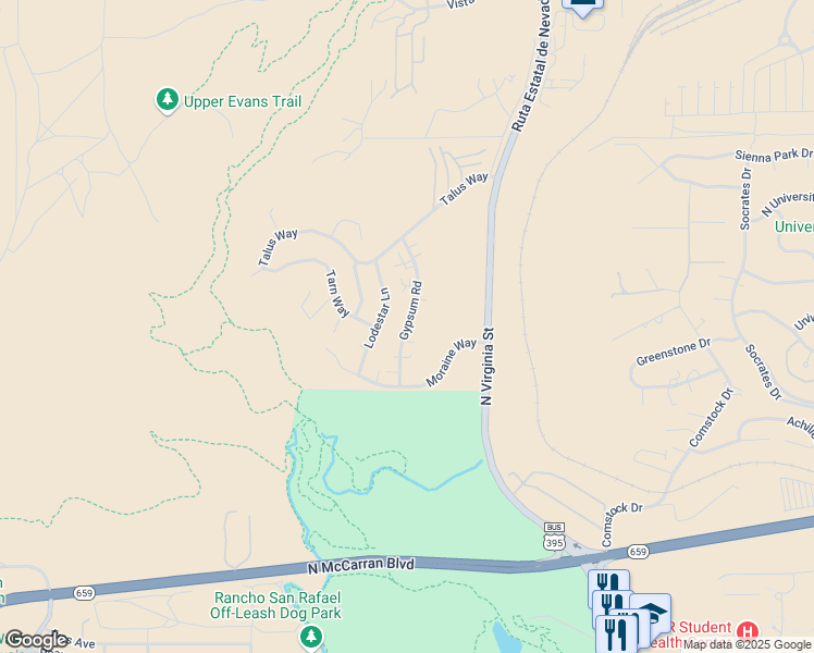 map of restaurants, bars, coffee shops, grocery stores, and more near 3373 Gypsum Road in Reno