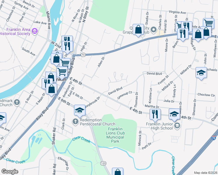map of restaurants, bars, coffee shops, grocery stores, and more near 89 Wyndemere Drive in Franklin