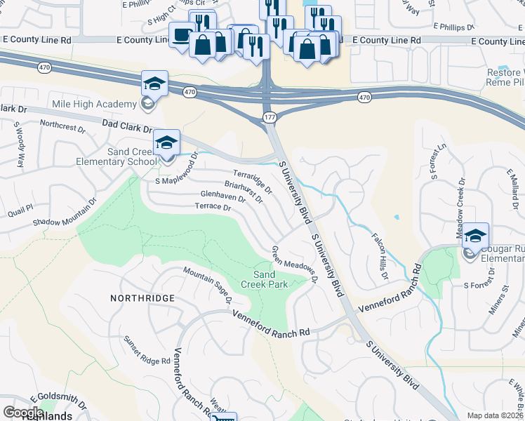 map of restaurants, bars, coffee shops, grocery stores, and more near 2414 Briarhurst Dr in Littleton