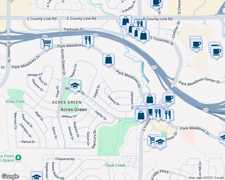 map of restaurants, bars, coffee shops, grocery stores, and more near 13482 Achilles Drive in Lone Tree